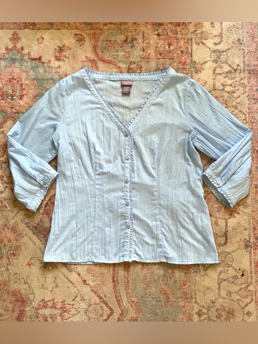 Laura Scott Light Blue V-Neck Button Down Blouse